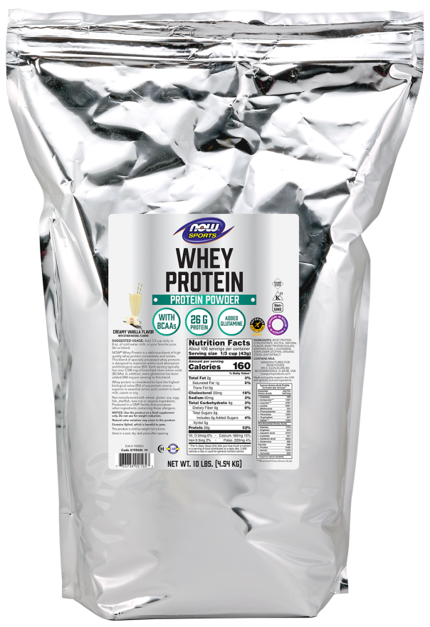 Nutrition label of NOW Sports Whey Protein Isolate showing protein and macronutrient content
