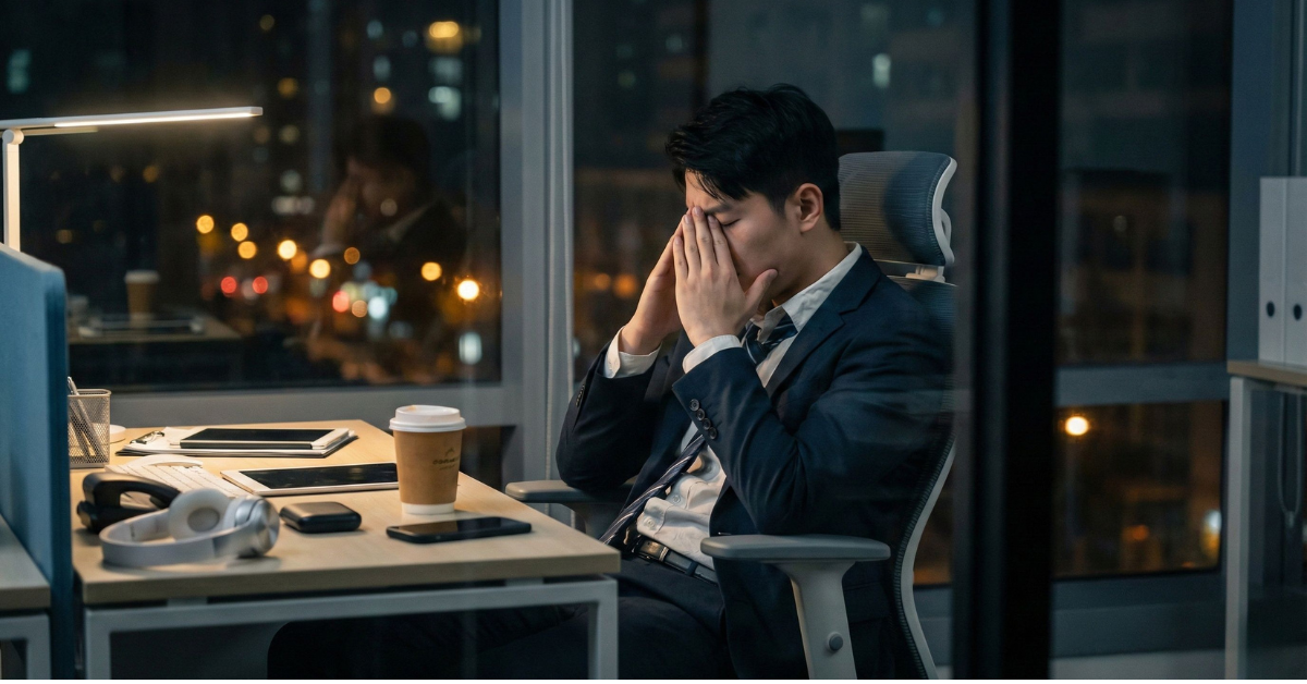 Person showing signs of chronic stress overload while working late at night at a cluttered desk