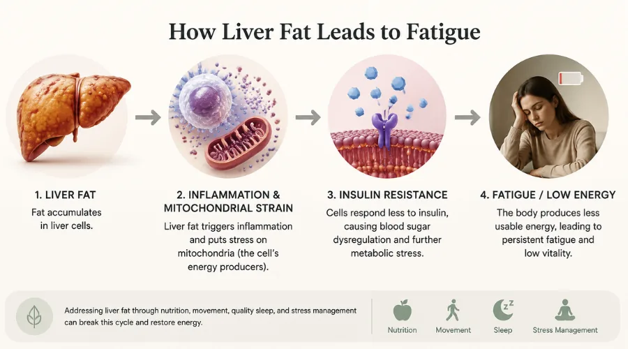 Diagram showing liver fat, inflammation, mitochondrial strain, insulin resistance, and fatigue