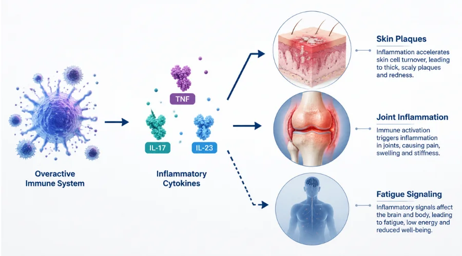 Simple diagram showing immune system overactivity, inflammatory cytokines TNF IL-17 IL-23, skin plaques, joint inflammation and systemic fatigue signaling