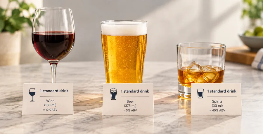 Three glasses with label cards showing one standard drink