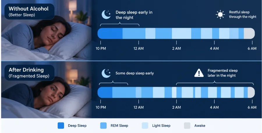 Night timeline: deep sleep early, fragmented sleep late after drinking
